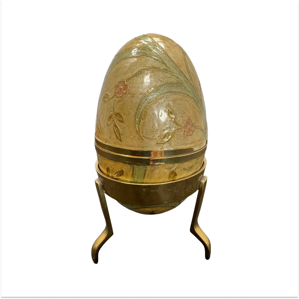 VTG Cream Pink Green Cloisonne Enamel Brass Egg On Stand Lift Off Trinket Box 6" - Picture 1 of 10